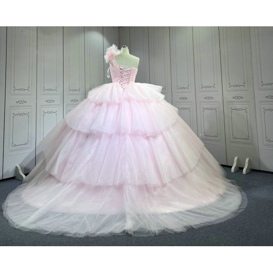 Mumuleo Layered One Shoulder Quinceanera Dress vestidos de xv años rosa Pink fifteen year old dress vestidos de quince años