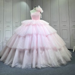 Mumuleo Layered One Shoulder Quinceanera Dress vestidos de xv años rosa Pink fifteen year old dress vestidos de quince años