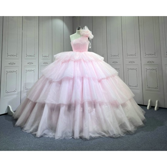 Mumuleo Layered One Shoulder Quinceanera Dress vestidos de xv años rosa Pink fifteen year old dress vestidos de quince años