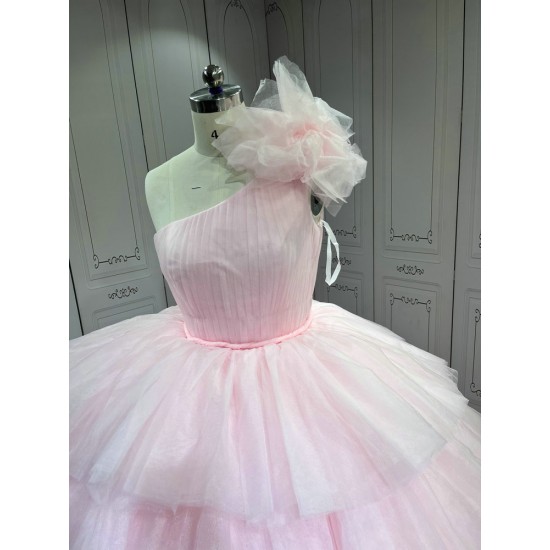 Mumuleo Layered One Shoulder Quinceanera Dress vestidos de xv años rosa Pink fifteen year old dress vestidos de quince años