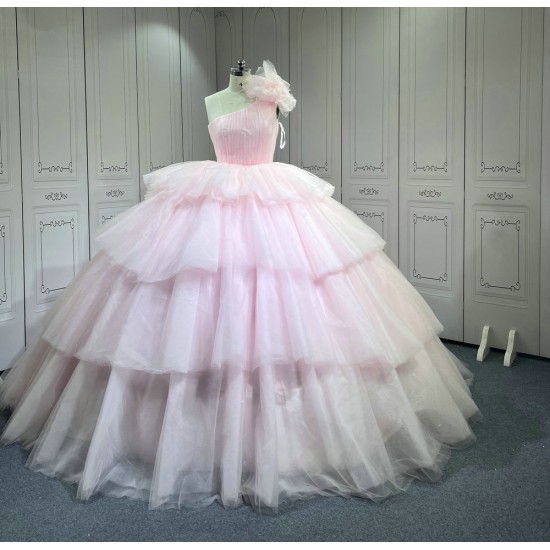 Mumuleo Layered One Shoulder Quinceanera Dress vestidos de xv años rosa Pink fifteen year old dress vestidos de quince años