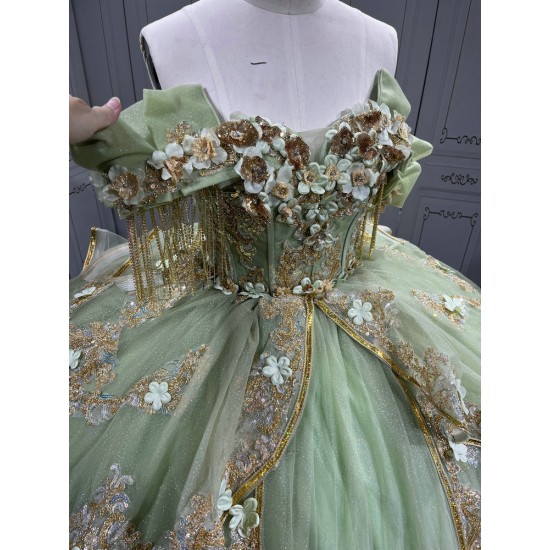 Mumuleo Sage Green With Gold Quinceanera Dresses for Girl Tassesl Pleated Off the Shoulder Sequin Robe Princesse Verde Customize