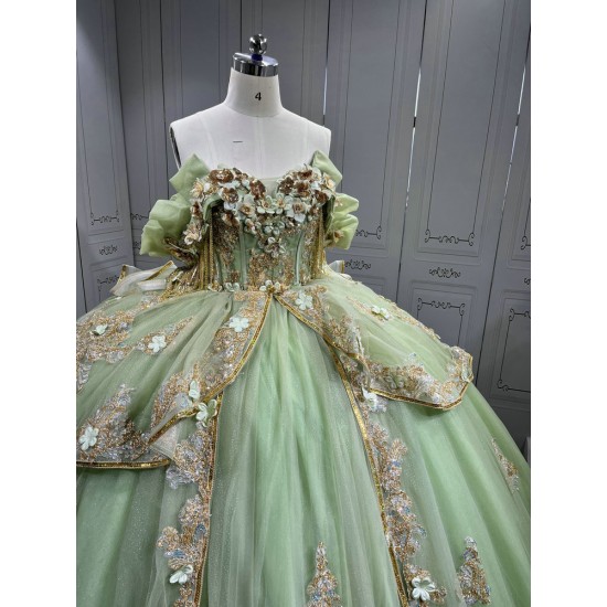 Mumuleo Sage Green With Gold Quinceanera Dresses for Girl Tassesl Pleated Off the Shoulder Sequin Robe Princesse Verde Customize