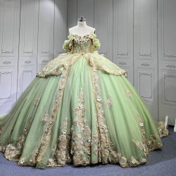 Mumuleo Sage Green With Gold Quinceanera Dresses for Girl Tassesl Pleated Off the Shoulder Sequin Robe Princesse Verde Customize