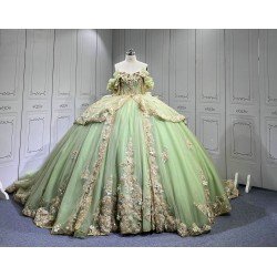 Mumuleo Sage Green With Gold Quinceanera Dresses for Girl Tassesl Pleated Off the Shoulder Sequin Robe Princesse Verde Customize