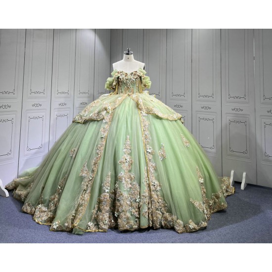 Mumuleo Sage Green With Gold Quinceanera Dresses for Girl Tassesl Pleated Off the Shoulder Sequin Robe Princesse Verde Customize