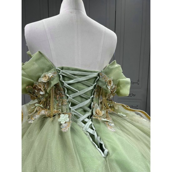 Mumuleo Sage Green With Gold Quinceanera Dresses for Girl Tassesl Pleated Off the Shoulder Sequin Robe Princesse Verde Customize