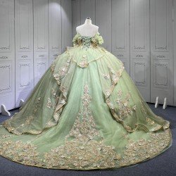 Mumuleo Sage Green With Gold Quinceanera Dresses for Girl Tassesl Pleated Off the Shoulder Sequin Robe Princesse Verde Customize