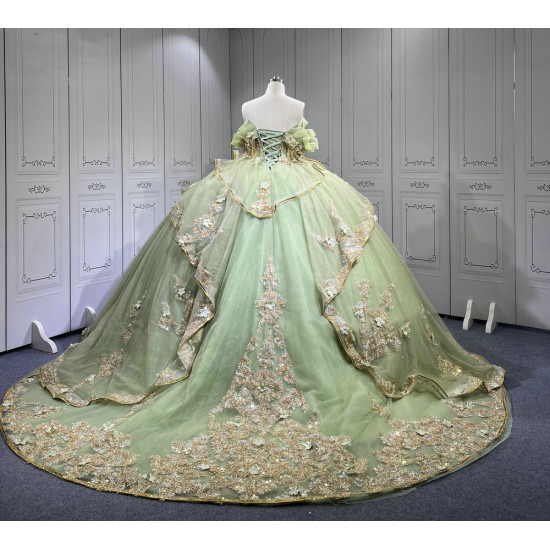 Mumuleo Sage Green With Gold Quinceanera Dresses for Girl Tassesl Pleated Off the Shoulder Sequin Robe Princesse Verde Customize