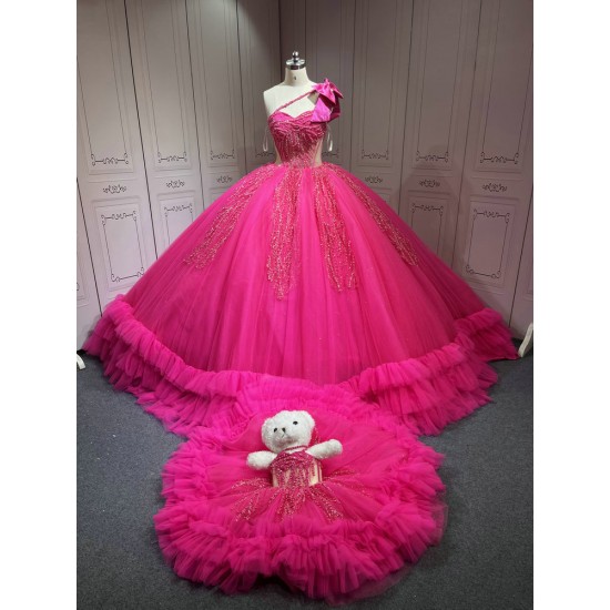 Mumuleo Fuchsia Sweet 16 Dress Vestido 15 Aos Con Cola Desmontable Vestidos De Quinceaneras Ball Gown Prom Dress with Long Train