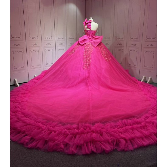 Mumuleo Fuchsia Sweet 16 Dress Vestido 15 Aos Con Cola Desmontable Vestidos De Quinceaneras Ball Gown Prom Dress with Long Train