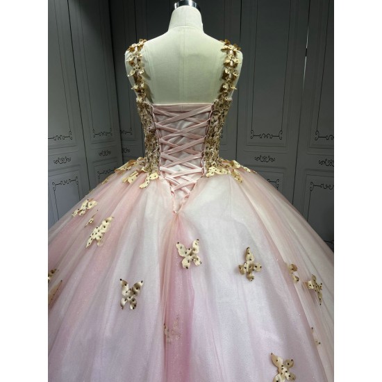 Pink With Rose Gold Butterfly Quinceanera Dresses Ball Gown Vestidos De 15 Aos De Quinceaera Deademas De Quinceaeras