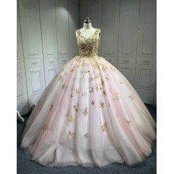 Pink With Rose Gold Butterfly Quinceanera Dresses Ball Gown Vestidos De 15 Aos De Quinceaera Deademas De Quinceaeras