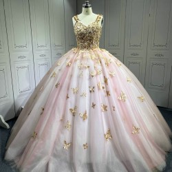 Pink With Rose Gold Butterfly Quinceanera Dresses Ball Gown Vestidos De 15 Aos De Quinceaera Deademas De Quinceaeras