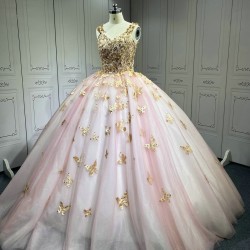 Pink With Rose Gold Butterfly Quinceanera Dresses Ball Gown Vestidos De 15 Aos De Quinceaera Deademas De Quinceaeras