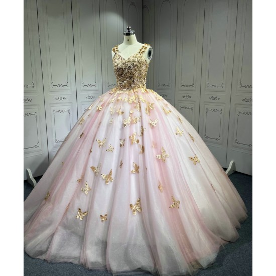 Pink With Rose Gold Butterfly Quinceanera Dresses Ball Gown Vestidos De 15 Aos De Quinceaera Deademas De Quinceaeras
