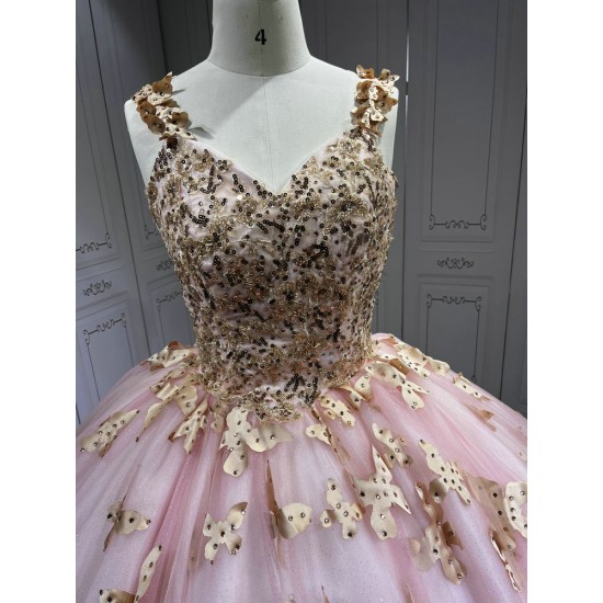 Pink With Rose Gold Butterfly Quinceanera Dresses Ball Gown Vestidos De 15 Aos De Quinceaera Deademas De Quinceaeras