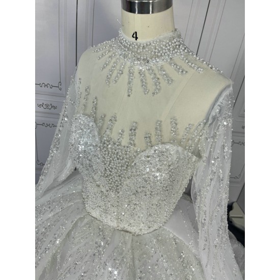 High Collar Luxurious Ball Gown Wedding Dress With Long Sleeves CBWD00100