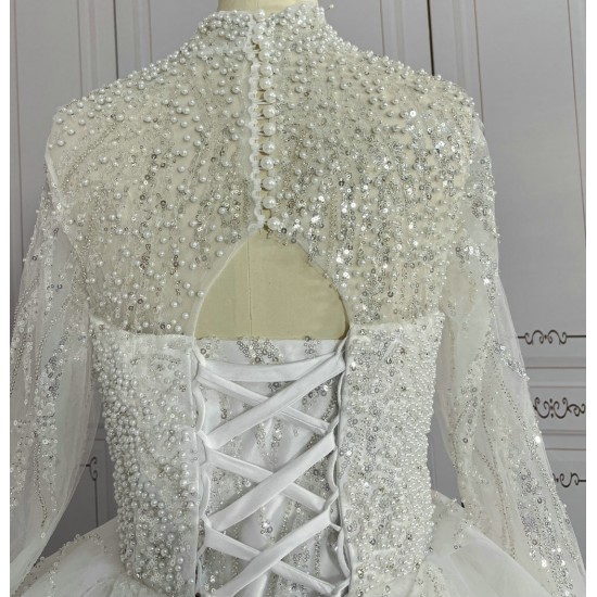 High Collar Luxurious Ball Gown Wedding Dress With Long Sleeves CBWD00100