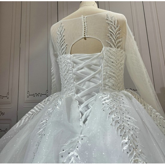 Luxury Leaf Lace Ball Gown Wedding Dresses With Long Sleeves CBWD0077