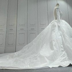 Round Neck Long Sleeves Ball Gown Wedding Dress With Cathedral Train CBWD0036