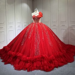 One Shoulder Red Quinceanera Dress Sleeveless Sweet 15 Gowns Ruffled Princess Dress With Bow And Ruffles