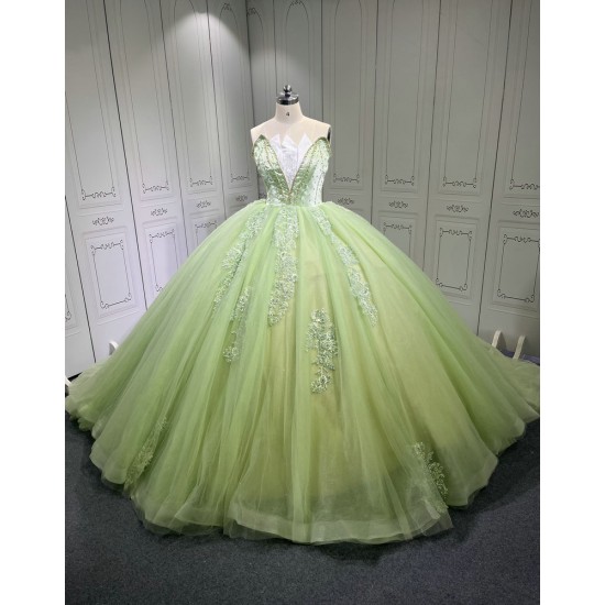 Sleeveless Sage Green Quince Dress Strapless Vestidos De XV Anos Lace Appliques Sweet 15 Gowns