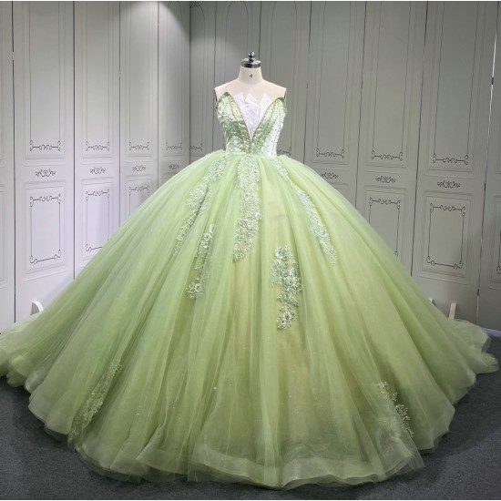 Sleeveless Sage Green Quince Dress Strapless Vestidos De XV Anos Lace Appliques Sweet 15 Gowns