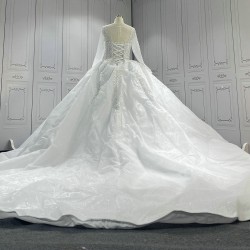 Round Neck Long Sleeves Leaf Lace Ball Gown Wedding Dress With Long Tail CBWD0031