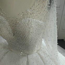 Round Neck Long Sleeves Luxury Pearl Wedding Dresses With Long Train CBWD0030