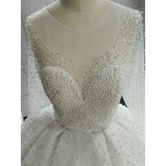 Round Neck Long Sleeves Luxury Pearl Wedding Dresses With Long Train CBWD0030