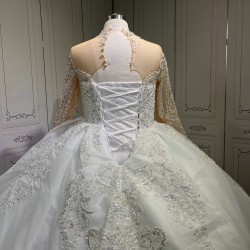 2024 New White Ball Gown Wedding Dresses Long Sleeve Lace Appliques High Neck Bridal Gowns