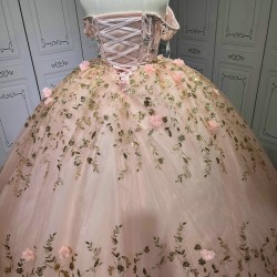 2025 Pink Off Shoulder Ball Gown Quinceanera Dresses Beading Crystal Lace Appliques Tull Sweet 16 15 Birthday Vestido De 15 Anos