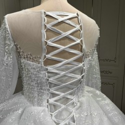 African Elegant Wedding Dresses Long Sleeve Lace Applique Sweep Train Beaded Bridal Gowns
