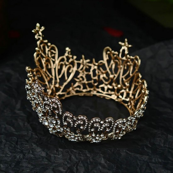 Bridal Headwear Vintage Golden Lady Wedding Rhinestone Tiara Birthday Round Crown Hair Accessories for Women Party Headdress