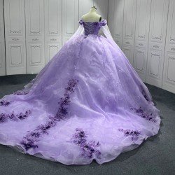 Customized Appliques Princess Lavender Quinceanera Dresses 2024 Cape Sleeves Ball Gown Party Dress For Sweet 15 16