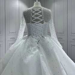 Long Sleeve Pearl Wedding Dresses Scoop Neck Bridal Gowns Women Vestidos De Novia