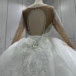 Long Sleeve Wedding Dress Pearl Bridal Gown Custom Made Black Girl Women Dress