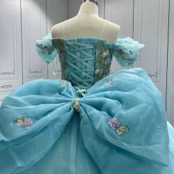 Off Shoulder Ice Blue Quinceanera Dresses 3D Flowers Appliques Sweet 15 Gowns Vestidos De 15 Anos With Bow