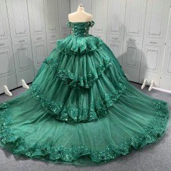 Off The Shoulder Green Quinceanera Dresses Ball Gown Tulle Appliques Tiered Vestidos De XV Anos