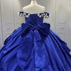 Princess 3D Flowers Blue Quinceanera Dresses Tulle Sweetheart Neck Off the Shoulder Vestido De 15 Customised With Bow