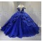 Princess 3D Flowers Blue Quinceanera Dresses Tulle Sweetheart Neck Off the Shoulder Vestido De 15 Customised With Bow