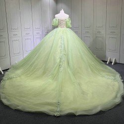 Puff Sleeve Sage Green Quinceanera Dress Strapless Vestidos De XV Anos Lace Appliques Birthday Party Gowns