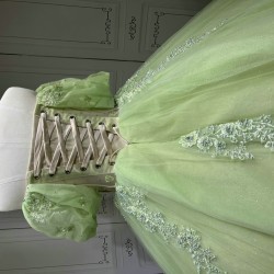 Puff Sleeve Sage Green Quinceanera Dress Strapless Vestidos De XV Anos Lace Appliques Birthday Party Gowns