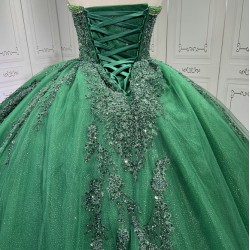 Ruffled Green Quince Dress Sleeveless Vestidos De 15 Anos Crystal Strapless Sweet 15 Gowns