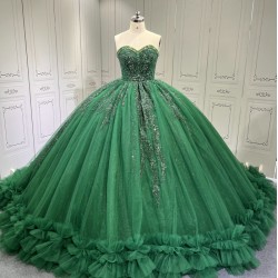 Ruffled Green Quince Dress Sleeveless Vestidos De 15 Anos Crystal Strapless Sweet 15 Gowns