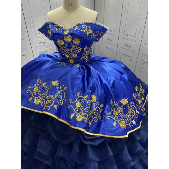 Ruffled Blue Quinceanera Dresses for 15 Anos Off The Shoulder Floor Length Appliques Pleat Vestidos De Baile Customised