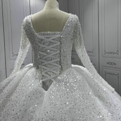 Sequin Long Sleeve Wedding Dresses V Neck Custom Bridal Gowns Backless White Ivory Vestidos De Noiva