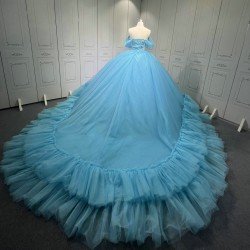 Strapless Sky Blue Vestidos De 15 Anos Crystal Tiered Quinceanera Dress Sweetheart Neck Birthday Party Gowns